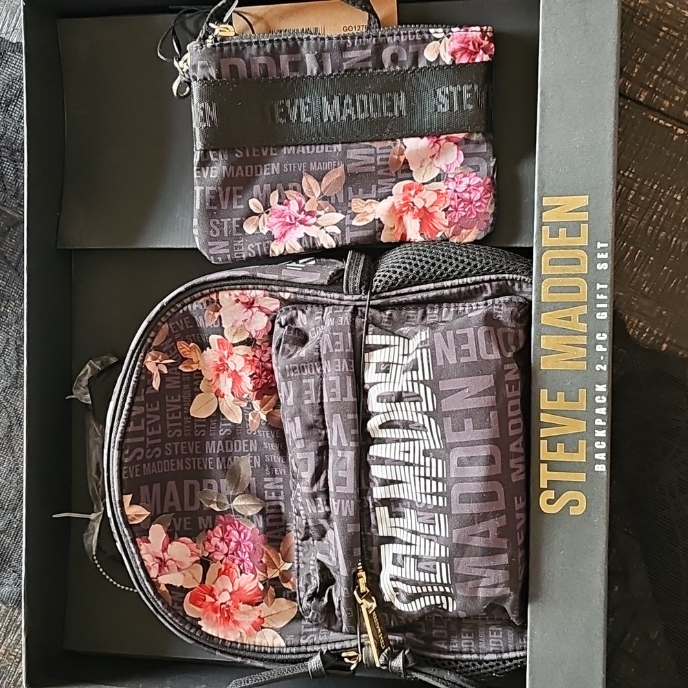 Steve Madden Black and Pink Floral Backpack Set With Clutch NWT